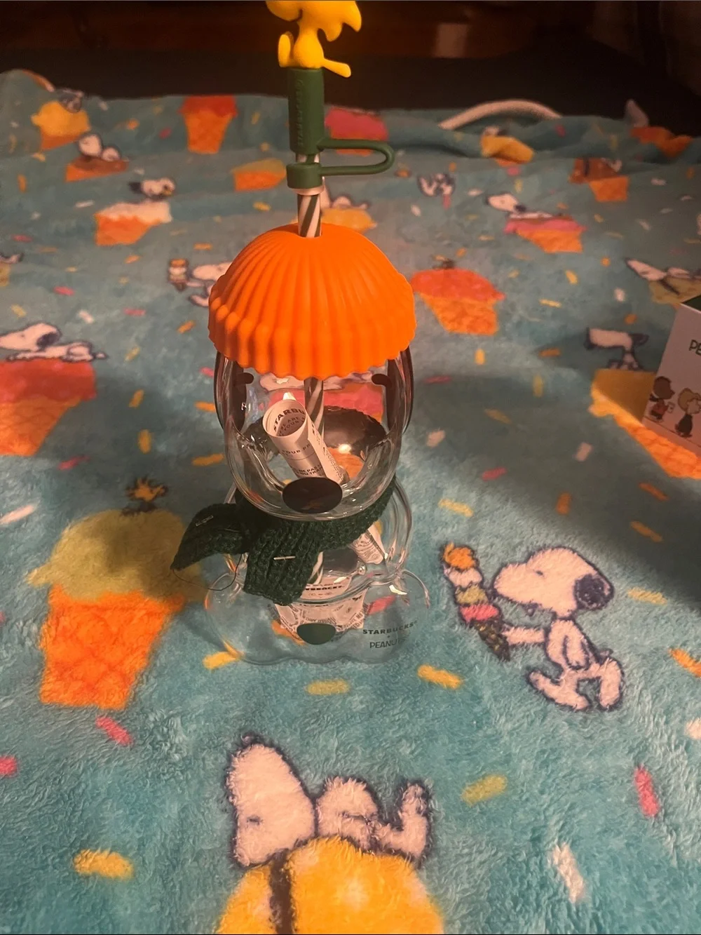 Starbucks Orange Silicone Lid with Yellow Woodstock Straw Topper